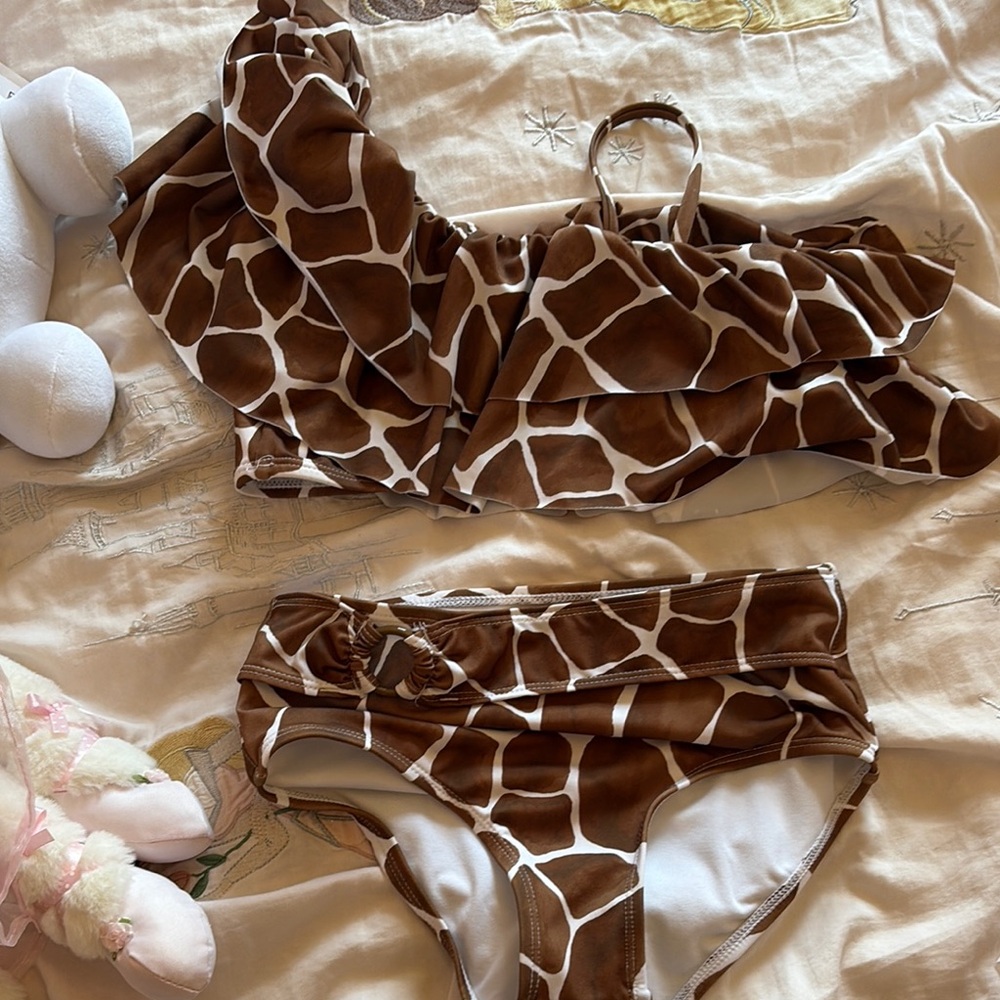 Janie and Jack Brown and White Giraffe Print Swim Bra